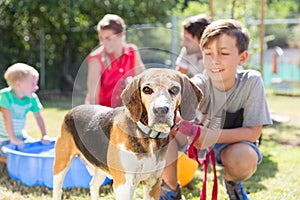 Young boy petting dog in animal shelter