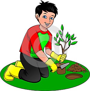 Young boy planting trees, Save our green planet