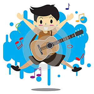 Young boy playing acoustic guitar Happy Love music abstract