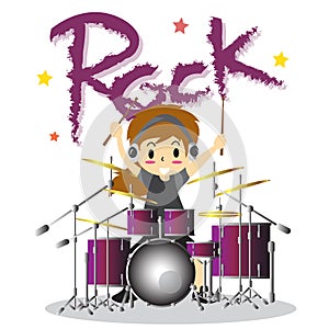 Young boy playing Drum set Happy Love music color Rock