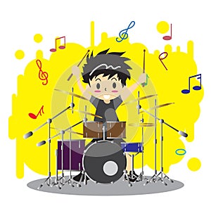 Young boy playing Drum set Happy Love music color