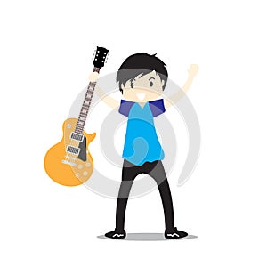 Young boy playing Electric guitar Happy Love music Vector illustration isolated