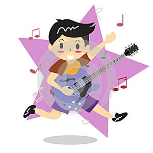 Young boy playing electric jazz guitar Happy Love music