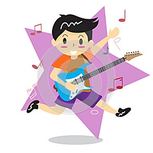 Young boy playing electric rock guitar Happy Love music
