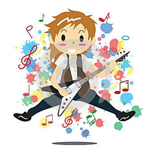 Young boy playing electric rock guitar Happy Love music