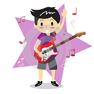 Young boy playing Electric guitar Happy Love music Star