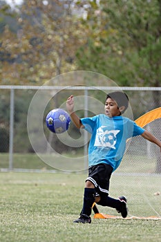 Young boy playing goalie with a big kick