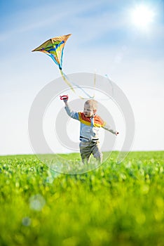 Young boy playing with his kite in a green field.