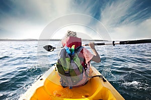 Young boy plows through the waters of the sea with his canoe