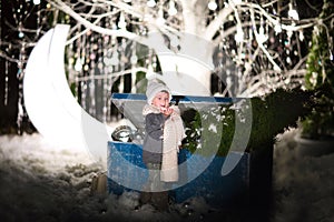 Young boy posing with Christmas toy near the chest against big tree and a moon