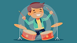 A young boy pretending to be a drummer boy enthusiastically banging on his makeshift drums.. Vector illustration. photo