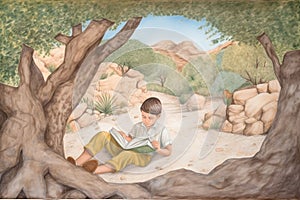 Young boy reading a book in the shade of a tree, AI generative image