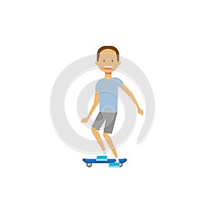 Young boy riding electro scooter over white background. cartoon full length character. flat style