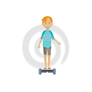 Young boy riding electro scooter over white background. cartoon full length character. flat style vector