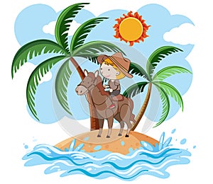 A Young Boy Riding Horse on Island