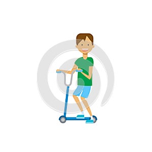 Young boy riding kick scooter over white background. cartoon full length character. flat style