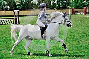 Young boy riding white horse