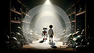 Young Boy and Robot in Abandoned Toy Warehouse