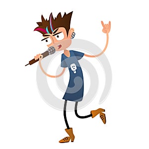 Young boy rock singer. Cartoon character. Flat style