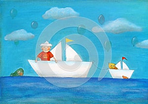 Young boy sailing, child's drawing, oil painting