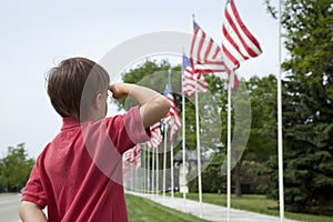 Young boy saluting American flags on Memorial Day