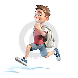 Young boy with school bag running, stylized cartoon character,  school kid 3d rendering