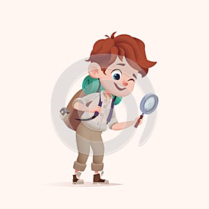 Young boy scout with backpack exploring the world. Modern cartoon 3D style vector illustration.