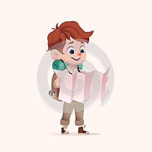 Young boy scout with backpack holdilding road map. Modern cartoon 3D style vector illustration.