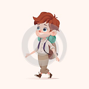 Young boy scout with backpack walking. Modern cartoon 3D style vector illustration.