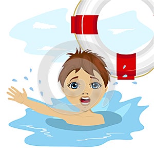 Young boy screaming in water while somebody throws ring buoy lifebuoy