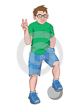 Young boy with serious facial expression in green t-shirt, blue shorts and sneakers and glasses showing peace sign while