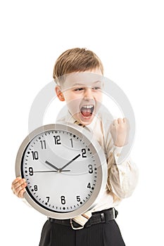 Young boy shout victoriously with a clock