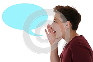 Young boy shouting with speech bubble and copyspace