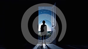 Young boy silhouette in dark room in front of the door from which the light emanates. The concept of social distance