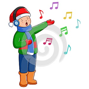 Young Boy Singing Christmas Carols. Vector Cartoon Illustration