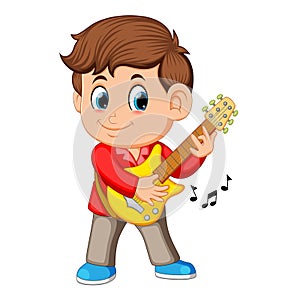 A young boy sings and plays on the electric guitar