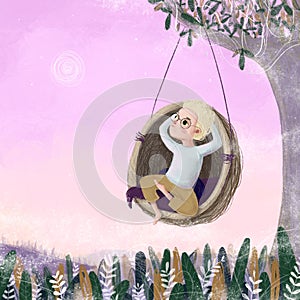 Young boy sitting in the hanging swing round chair. Sunset landscape. Illustration for children.