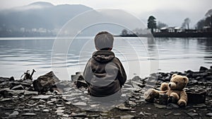 a young boy sitting on the shore of a lake with a teddy bear