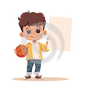 Young boy smiling holding basketball blank sign, casual clothing, standing, happy expression