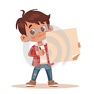 Young boy smiling holding blank sign cartoon illustration. Happy child presenting empty cardboard