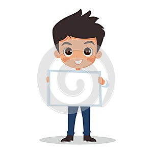 Young boy smiling holding blank sign standing casual outfit. Cheerful cartoon child