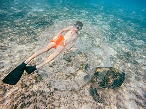 Young boy Snorkel swim with green sea turtle, Egypt