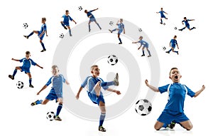 Young boy with soccer ball doing flying kick