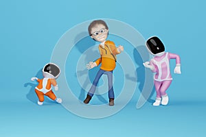 Young boy, spaceboy and spacegirl dancing happily against blue wall with their shadows. Happy, energetic and cheerful kids