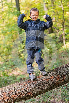 Young Boy standing on Fallen Down Tree Trunk and Catching Balance