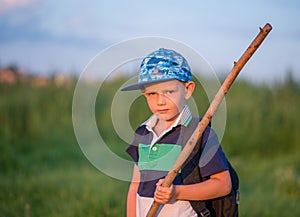 Young Boy Standing in Field Holding Large Stick