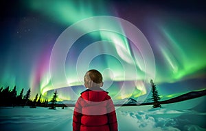 Young boy standing looking at spectacular northern lights aurora borealis.