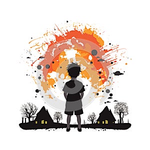 Young boy stands facing a vibrant orange splash, symbolic of imagination, against a monochrome landscape. Creative