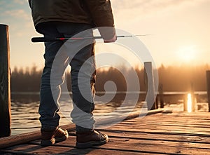 A young boy stands on a wooden dock with a fishing rod in hand, looking out at the sunrise over the lake.