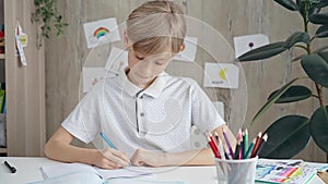 Young boy studying at the desk at home or school class room